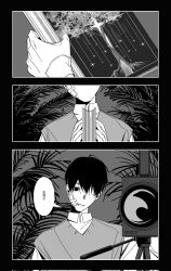 1boy 1other :d bandage_on_face bandaged_wrist bandages benkdjjituibot black_background black_eyes black_hair book camera chinese_text collared_shirt greyscale head_tilt highres holding holding_book inset_border looking_at_viewer monochrome multiple_views oldest_dream omniscient_reader&#039;s_viewpoint open_mouth shirt silhouette smile sparkle speech_bubble tree vest white_shirt