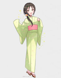 1girl aoki_kei black_hair blush brown_eyes floral_print flower green_kimono hair_flower hair_ornament hair_over_shoulder hairclip ich. idolmaster idolmaster_cinderella_girls japanese_clothes kimono long_hair looking_at_viewer obi open_mouth ponytail print_kimono sandals sash sleeves_past_wrists smile solo trainer_(idolmaster) wide_sleeves