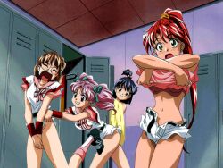 1990s_(style) baseball_uniform black_eyes black_hair blush breasts brown_hair changing_room cleats closed_eyes clothes_lift crossed_arms doki_doki_pretty_league green_eyes grin hair_bobbles hair_ornament high_ponytail indoors locker locker_room long_hair looking_at_viewer non-web_source official_art open_clothes open_fly open_mouth open_shorts pink_hair pink_shirt ponytail red_hair retro_artstyle round_eyewear shirt short_hair short_shorts shorts skirt skirt_lift smile sportswear towel twintails underboob undressing v_arms wristband