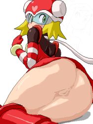 1girl ass back blonde_hair boots harp_note_(mega_man) huge_ass isu kneeling lowres mega_man_(series) mega_man_star_force_(series) no_panties pussy solo sonia_strumm_(mega_man) thick_thighs thighs when_you_see_it white_background