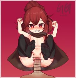 1boy 1girl absurdres age_difference anna_(fire_emblem) anna_(fire_emblem_engage) artist_name bar_censor blush border brown_cape cape censored feet fire_emblem fire_emblem_engage flat_chest from_above full_body greatestgori hetero highres huge_filesize jewelry legs_up loli long_hair looking_at_viewer naked_cape navel nintendo nipples nude outside_border parted_lips penis ponytail pov pov_crotch pussy red_eyes red_hair ring sex small_nipples smile solo_focus spread_legs steaming_body stomach sweat thighhighs toes vaginal