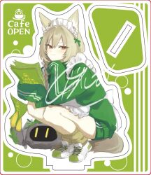 Rule 34 | 1girl, animal ears, arknights, beanstalk (arknights), blonde hair, blush, bow, braid, brown tail, closed mouth, commentary, eighth note, eyes visible through hair, full body, green background, green bow, green jacket, green shorts, hair between eyes, hair bow, head rest, highres, holding, jacket, jersey maid, k-yosinori, leg warmers, long hair, looking at viewer, maid, maid headdress, merchandise available, musical note, orange eyes, outline, paper, shoes, shorts, signature, simple background, sleeves past fingers, sleeves past wrists, smile, sneakers, solo, squatting, tail, track jacket, unconventional maid, white outline, white shoes, yellow leg warmers
