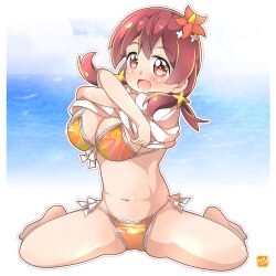 1girl bikini breasts flower frilled_bikini frills front-tie_bikini_top front-tie_top hair_flower hair_ornament happy_birthday highres large_breasts low_twintails murosaki_miyo onii-chan_wa_oshimai! oppai_loli orange_bikini red_eyes red_hair shirt side-tie_bikini_bottom sitting smile solo swimsuit t-shirt takecho twintails undressing wariza white_shirt