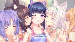 5girls :o animal_ear_fluff animal_ears bell blue_hair bow brown_hair cat_ears cat_girl chocola_(nekopara) cinnamon_(nekopara) closed_eyes collarbone eggplant fake_animal_ears finger_sucking flat_chest food fruit game_cg harem heart highres imminent_kiss lime_(fruit) lime_slice maple_(nekopara) medium_hair minazuki_shigure multiple_girls nail_polish neck_bell nekopara non-web_source official_art one-piece_swimsuit one_eye_closed orange_(fruit) orange_hair orange_slice pink_bow purple_eyes purple_hair purple_one-piece_swimsuit sayori_(neko_works) swimsuit vanilla_(nekopara) watermelon watermelon_slice white_hair yuri