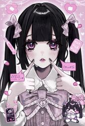 1girl aegyo_sal bandaid bandaid_on_arm black_hair black_nails blush bow brooch center-flap_bangs chibi chibi_inset colored_speech_bubble double-parted_bangs emoticon hair_between_eyes hair_bow heart heart_brooch highres index_fingers_raised jewelry jirai_kei kaomoji long_hair long_sleeves looking_at_viewer min_(mts2314) nail_polish original pill pink_bow pink_eyes pointing pointing_at_self solo speech_bubble spoken_kaomoji tears twintails upper_body