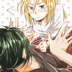 2girls :t annoyed black_hair blonde_hair from_behind krista_lenz multiple_girls polka_dot polka_dot_background pout punch punching shakeda_mamoshirou shingeki_no_kyojin short_hair sitting sitting_on_person ymir_(shingeki_no_kyojin) yuri