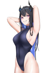 1girl absurdres alternate_costume armpits arms_behind_head arms_up asymmetrical_horns black_hair blue_hair breasts colored_inner_hair commentary covered_navel cowboy_shot english_commentary grin hazeillusts highleg highleg_one-piece_swimsuit highres hololive hololive_english horns large_breasts long_hair looking_at_viewer mole mole_under_eye multicolored_hair nerissa_ravencroft one-piece_swimsuit sidelocks simple_background slit_pupils smile solo swimsuit uneven_horns very_long_hair virtual_youtuber white_background