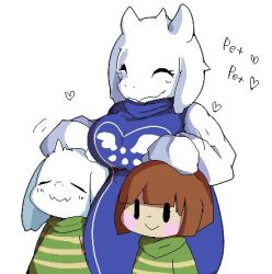 1girl 2boys artist_request brown_hair closed_eyes furry goat lowres multiple_boys smile toriel undertale