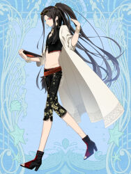 Rule 34 | 1boy, ankle boots, belt, black boots, black hair, black pants, black shirt, blue background, boots, bracelet, capri pants, chinese clothes, cleavage cutout, clothing cutout, coat, crop top, curtained hair, dairoku ryouhei, earrings, expressionless, eyewear on head, floral print, full body, half updo, hands up, high heel boots, high heels, high ponytail, hip bones, holding, holding tablet pc, hoop earrings, jewelry, l (matador), long hair, looking at viewer, male focus, midriff, open-toe boots, open clothes, open coat, pants, parted bangs, ponytail, print pants, red belt, red eyes, shirt, shuu ryuugen, sideways glance, sleeves rolled up, solo, standing, sunglasses, tablet pc, very long hair, white coat