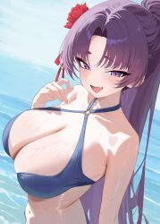 1girl absurdres bikini blue_archive blue_bikini blue_sky breasts cloud commentary_request day fang highres large_breasts long_hair looking_at_viewer navel official_alternate_costume outdoors purple_eyes purple_hair skin_fang sky solo swimsuit yue3621 yukari_(blue_archive) yukari_(swimsuit)_(blue_archive)