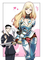 1boy 1girl armor black_hair blacksmith blonde_hair chainmail couter cuirass cuisses earrings gauntlets gojou_wakana grin hammer highres holding holding_sword holding_weapon jewelry kitagawa_marin long_hair looking_at_viewer pauldrons pirata_(gailtonatiu) plate_armor poleyn red_eyes rerebrace rondel shoulder_armor smile sono_bisque_doll_wa_koi_wo_suru sword weapon