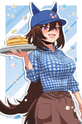 1girl absurdres animal_ears baseball_cap blue_background blue_hat border brown_hair brown_skirt color_neko_(user_yfvc3323) commentary_request cowboy_shot ear_ornament food hair_between_eyes hat highres holding holding_tray horse_ears horse_girl horse_tail multicolored_hair official_alternate_costume open_mouth outside_border pancake pancake_stack plaid_clothes plaid_shirt pocket red_eyes shirt simple_background sirius_symboli_(umamusume) skirt smile solo star_(symbol) streaked_hair striped_background sweets_paradise tail tray umamusume white_border white_hair