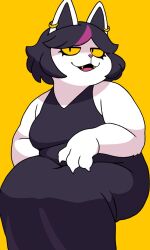 black_dress black_hair catti_(deltarune) claws colored_sclera deltarune dress earrings furry furry_female highres jewelry looking_at_viewer multicolored_hair open_mouth pink_hair samme_hacci simple_background white_fur yellow_fangs yellow_sclera