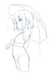 1girl absurdres blush breasts closed_mouth colored_lineart competition_school_swimsuit cropped_legs dot_mouth expressionless highres holding holding_umbrella looking_ahead monochrome one-piece_swimsuit original retsumaru school_swimsuit short_hair sidelocks sketch small_breasts solo standing swimsuit umbrella water_drop