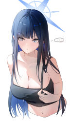 Rule 34 | ..., absurdres, black camisole, blue archive, blue eyes, blue halo, breasts, camisole, choi2494, colored inner hair, hair down, halo, highres, long hair, multicolored hair, navel, official alternate costume, saori (blue archive), saori (swimsuit) (blue archive), simple background, speech bubble, white background