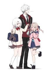 Rule 34 | 1boy, 2girls, absurdres, black hoodie, black pants, bow, bowtie, brown hair, cardigan, closed eyes, collared shirt, colored inner hair, ear piercing, facing to the side, fang, grey hair, hair ribbon, height difference, highres, hood, hoodie, jacket, kneehighs, kuzuha (12th costume) (nijisanji), kuzuha (nijisanji), loafers, long hair, looking at another, makaino ririmu, makaino ririmu (4th costume), miniskirt, multicolored hair, multiple girls, nijisanji, open mouth, pants, piercing, pink hair, pink jacket, plaid clothes, plaid skirt, platform shoes, pleated skirt, po (po 495), pointy ears, red bow, red bowtie, red skirt, red vest, ribbon, school uniform, serafuku, shiina yuika, shiina yuika (1st costume), shirt, shoes, short hair, simple background, skirt, socks, standing, two-tone hair, two side up, vest, virtual youtuber, white background, white hair, white shirt, white socks, winged heart tattoo, yawning, yellow cardigan