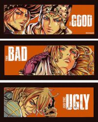 Rule 34 | 4boys, absurdres, artist name, bandana, black border, blonde hair, blue eyes, border, closed mouth, commentary, copyright name, diego brando, english commentary, english text, facial scar, funny valentine, green eyes, gyro zeppeli, hat, henoopd, highres, horseshoe ornament, johnny joestar, jojo no kimyou na bouken, long hair, looking at viewer, looking to the side, medium hair, multiple boys, parted lips, photo-referenced, portrait, red background, scar, scar on cheek, scar on face, sharp teeth, steel ball run, teeth, the good the bad and the ugly, white border