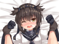 10s 2girls arm_grab black_gloves blush brown_eyes brown_hair clothes_writing elbow_gloves gloves hairband hatsuzuki_(kancolle) implied_sex kantai_collection lying multiple_girls musouzuki neckerchief on_back one_eye_closed open_mouth pov pov_hands school_uniform serafuku solo_focus