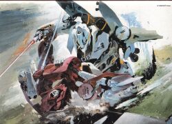 Rule 34 | alternate design, blurry, blurry background, char&#039;s counterattack, energy sword, fighting, gundam, mecha, non-web source, nu gundam, outdoors, robot, sazabi, signature, sword, traditional media, weapon, yamashita ikuto