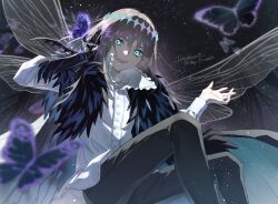 Rule 34 | 1boy, arthropod boy, arthropod limbs, black cape, black pants, blue eyes, blurry, bug, butterfly, butterfly on hand, cape, crown, depth of field, dragonfly wings, fangs, fate/grand order, fate (series), feet out of frame, frilled shirt, frills, fur-trimmed cape, fur trim, gesture, glowing butterfly, grey hair, hair between eyes, hand on own ear, hands up, highres, insect, long sleeves, looking at viewer, male focus, medium hair, oberon (fate), oberon (third ascension) (fate), open mouth, pants, popped collar, purple butterfly, shirt, sitting, smile, solo, teeth, tsuyukusa (eeta7273), twitter username, upper teeth only, white shirt