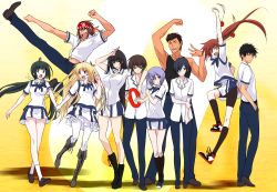5boys 5girls :&lt; :d :o ;d angry arm_around_neck arm_grab arm_hug arm_up armpits arms_up bandana bike_shorts black_eyes black_hair black_socks blonde_hair blue_hair blunt_bangs blush boots bow breast_press breasts brown_eyes brown_hair christiane_friedrich cleavage clenched_hand clenched_hands closed_eyes countdown couple embarrassed everyone feathers flat_chest flexing frilled_skirt frills frown grey_legwear hair_between_eyes hair_ornament hair_over_one_eye hair_ribbon hands_in_pockets happy hetero high_kick holding holding_hands jumping kawagishi_keitarou kawakami_kazuko kawakami_momoyo kazama_shoichi kicking knee_boots kneehighs large_breasts leg_lift legs loafers long_hair looking_at_viewer looking_back maji_de_watashi_ni_koi_shinasai! matsukaze_(maji_de_watashi_ni_koi_shinasai!) mayuzumi_yukie midriff miniskirt morooka_takuya multiple_boys multiple_girls muscular naoe_yamato navel object_on_head official_art one_eye_closed open_mouth orange_eyes outstretched_arm pants pantyhose ponytail purple_eyes raised_fist red_eyes ribbon salute school_uniform shadow shiina_miyako shimazu_gakuto shoes short_hair shorts shorts_under_skirt skirt smile sneakers socks spiked_hair standing standing_on_one_leg surprised sweatdrop tadakatsu_minamoto tan tank_top twintails two_side_up wagi walking white_legwear wink yellow_background
