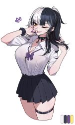 1girl ;p absurdres alternate_costume black_choker black_hair black_nails black_skirt bow bowtie breasts choker cleavage collared_shirt cropped_legs doujenrad fake_nails grey_hair gyaru hair_ornament highres hololive hololive_english large_breasts long_hair loose_bowtie miniskirt multicolored_hair nail_polish one_eye_closed pleated_skirt ponytail purple_bow purple_bowtie purple_nails school_uniform scrunchie shiori_novella shirt skirt sleeves_rolled_up solo split-color_hair thigh_strap tongue tongue_out two-tone_hair virtual_youtuber white_background white_shirt yellow_eyes