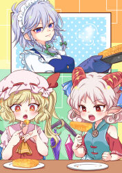 Rule 34 | 3girls, apple pie, ascot, blonde hair, blue dress, blush, bow, braid, breasts, closed mouth, commentary request, crystal, crystal wings, curly hair, dress, earrings, eating, fang, flandre scarlet, food, fork, green bow, grey hair, hair bow, hat, hat ribbon, holding, holding fork, hoop earrings, horizontal pupils, horn ornament, horn ribbon, horns, izayoi sakuya, jewelry, kimi3735, long hair, maid, maid headdress, mob cap, multi-source commentary, multicolored wings, multiple girls, one side up, open mouth, oven mitts, pie, plate, pointy ears, purple eyes, red eyes, red horns, red sleeves, red vest, ribbon, sharp teeth, sheep horns, short sleeves, smile, steam, teeth, touhou, toutetsu yuuma, twin braids, vest, white hat, wings, yellow ascot