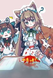 3girls :3 ? @_@ ^^^ ahoge animal_collar animal_ear_fluff animal_ears antennae apron aqua_eyes black_dress black_ribbon blue_eyes blue_hair blush blush_stickers bottle bow bowtie brown_hair cat_ears cat_girl clonka_(vrchat) closed_mouth collar collared_dress confused dog_ears dress food frilled_apron frills green_bow green_bowtie green_eyes green_ribbon hair_ornament hair_ribbon hair_rings hairclip highres holding holding_spoon jar ketchup kipfel_(vrchat) layered_sleeves long_hair long_sleeves looking_at_another maid maid_apron maid_headdress mamehinata medium_hair multicolored_hair multiple_girls neck_ribbon nono_datenshia omelet omurice one_side_up open_mouth outline pink_background plate red_collar red_ribbon ribbon short_hair short_over_long_sleeves short_sleeves simple_background single_hair_ring smile spoon sweatdrop table trembling very_long_hair vrchat wavy_mouth white_apron white_outline