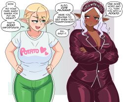 Rule 34 | 2girls, blonde hair, blush, breasts, cleavage, cropped legs, crossed arms, dark-skinned female, dark elf, dark skin, elf, elf-san wa yaserarenai., elfuda (elf-san wa yaserarenai.), english text, eye mask, hands on own hips, highres, kuroeda (elf-san wa yaserarenai.), large breasts, long hair, long pointy ears, mole, mole under eye, multiple girls, nico-neko, pajamas, pointy ears, shirt, short sleeves, sleep mask, sleepwear, smug, speech bubble, teasing, white hair, white shirt