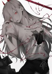 1girl absurdres black_shorts breasts chainsaw_man clothes_writing collarbone commentary cowboy_shot cross-shaped_pupils demon_girl demon_horns dolphin_shorts drawstring eyelashes fingernails grey_background grey_hair hair_between_eyes head_tilt hemokinesis highres horns lipstick long_fingernails long_hair long_hair_between_eyes looking_at_viewer makeup mano_aaa nail_polish orange_eyes parted_lips power_(chainsaw_man) print_shirt red_horns red_lips red_nails shirt short_sleeves shorts solo symbol-shaped_pupils t-shirt white_shirt