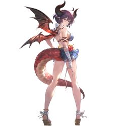 1girl ahoge alpha_transparency ass bandaged_arm bandages bare_shoulders bikini bikini_skirt blue_bikini blush breasts dragon_girl dragon_horns dragon_tail dragon_wings full_body granblue_fantasy grea_(shingeki_no_bahamut) grea_(summer)_(shingeki_no_bahamut) hair_between_eyes horns large_breasts looking_at_viewer looking_back minaba_hideo official_art pointy_ears purple_hair red_eyes sandals shingeki_no_bahamut short_hair smile solo standing standing_on_one_leg swimsuit tail transparent_background wedge_heels wings