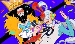 Rule 34 | 1boy, 1girl, afro, black hair, black jacket, black ribbon, blue background, blue gloves, bow, bowtie, brook (one piece), chinese commentary, commentary request, crown, elbow gloves, feather boa, gloves, hair over one eye, headphones, highres, holding, holding microphone, jacket, microphone, multicolored hair, neck ribbon, one piece, one piece film: red, open mouth, red hair, ribbon, shiyuzai, single elbow glove, skeleton, two-tone hair, upper body, uta (one piece), white hair