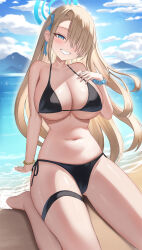 absurdres asuna_(blue_archive) beach bikini black_bikini blue_archive blue_eyes blue_halo blue_ribbon blue_scrunchie blue_sky breasts brown_hair cleavage cloud hair_over_one_eye halo highres kitin large_breasts long_hair mountainous_horizon navel ocean ribbon scrunchie sky swimsuit thigh_strap underboob waves wrist_scrunchie