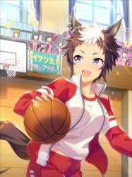 6+girls absurdres animal_ears artist_request ball basketball basketball_(object) basketball_hoop breasts brown_hair collarbone collared_jacket cowboy_shot crest dot_nose faceless faceless_female fingernails floating_clothes game_cg gym gym_shorts happy high_collar highres holding holding_ball horse_ears horse_girl indoors jacket large_breasts light_blush long_sleeves looking_at_another mejiro_ryan_(umamusume) messy_hair midriff_peek multicolored_hair multicolored_jacket multiple_girls notice_lines official_art open_mouth playing_sports red_jacket red_shorts shirt short_hair shorts sign smile solo_focus sparkle sweat tomboy tracen_training_uniform track_jacket two-tone_hair two-tone_jacket umamusume white_hair white_jacket white_shirt window zipper