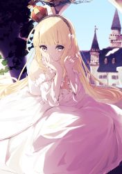 1girl alternate_costume azur_lane bare_shoulders blonde_hair blunt_bangs commentary covering_own_mouth crown detached_sleeves dress female_focus hairband highres long_hair looking_at_viewer mini_crown outdoors palace queen_elizabeth_(azur_lane) queen_elizabeth_(the_queen&#039;s_ball)_(azur_lane) shadow sitting solo sunlight suwakana wavy_hair white_dress yellow_eyes