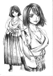 00s 1girl absurdres blue_eyes brown_hair detached_sleeves final_fantasy final_fantasy_x green_eyes greyscale heterochromia highres japanese_clothes jewelry lips monochrome necklace short_hair simple_background square_enix wand yokota_mamoru yuna yuna_(ff10)