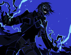 1boy bad_id bad_pixiv_id black_gloves black_hair black_jacket gen_5_pokemon gloves hair_between_eyes hair_ornament hairclip jacket legendary_pokemon looking_at_viewer male_focus nintendo personification pokemon short_hair simple_background solo standing sunglasses tinted_eyewear yara_kami_meiosei yellow_eyes zekrom