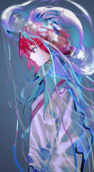 1girl absurdres amate_yuzuriha aqua_eyes blue_background collared_shirt commentary gundam gundam_gquuuuuux highres jellyfish profile red_hair school_uniform shirt short_hair solo sweater symbol-only_commentary upper_body valkyries051