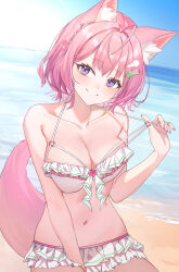 1girl absurdres animal_ears antenna_hair bare_shoulders beach bikini blue_sky blush braid breasts choker cleavage cloud cloudy_sky collarbone commentary day fingernails frilled_bikini frilled_choker frills grin hair_intakes hair_ornament hairclip hakui_koyori hakui_koyori_(summer) hanamaru_tsubaki heart highres hololive large_breasts looking_at_viewer medium_hair nail_polish navel outdoors pink_choker pink_eyes pink_hair pink_nails pulling_own_clothes sand sky smile solo stomach strap_pull swimsuit tail thighs two-tone_choker virtual_youtuber white_bikini white_choker wolf_ears wolf_girl wolf_tail