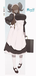 1girl blunt_bangs braid breasts brown_hair commission dark_skin gloves green_eyes hand_on_own_hip highres horns large_breasts long_hair maid monster_girl original scales shoes standing suitcase twin_braids ub1mo very_long_hair white_background