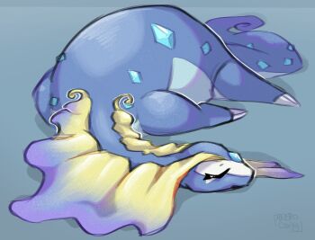 Rule 34 | absurdres, anerocing, animal focus, aurorus, closed eyes, closed mouth, diamond (shape), dinosaur, full body, gem, gen 6 pokemon, highres, lying, nintendo, no humans, on stomach, pokemon, pokemon (creature), pokemon focus, sauropod, simple background, sleeping, tail