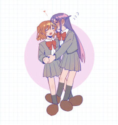 Rule 34 | 2girls, :d, ^ ^, aijou karen, arms around waist, black socks, blush, bow, bowtie, breast pocket, brown hair, brown shoes, chinese commentary, circle, closed eyes, collared shirt, commentary request, covered mouth, crown hair ornament, facing another, floating, full-face blush, full body, grey jacket, grey skirt, grid background, hand on another&#039;s hand, heads together, heart, highres, hug, implied kiss, jacket, kneehighs, long hair, long sleeves, multiple girls, one eye covered, one side up, open clothes, open jacket, open mouth, pleated skirt, pocket, purple hair, red bow, red bowtie, rei931218, school uniform, seishou music academy uniform, shirt, shoes, short hair, shoujo kageki revue starlight, sidelocks, skirt, smile, socks, spoken heart, tsuyuzaki mahiru, white background, white shirt, yuri