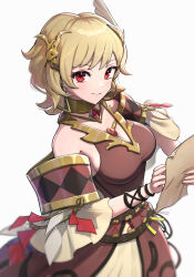 Rule 34 | 1girl, absurdres, bare shoulders, blonde hair, breasts, citrinne (fire emblem), feather hair ornament, feathers, fire emblem, fire emblem engage, gonzarez, hair ornament, highres, looking at viewer, medium breasts, nintendo, off shoulder, red eyes, short hair, smile, solo, upper body