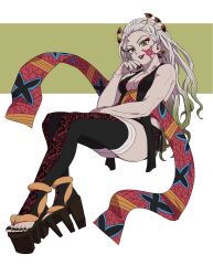 Rule 34 | 1girl, black nails, black thighhighs, breasts, brown kimono, cleavage, daki (kimetsu no yaiba), fingernails, full body, geta, green background, green eyes, hair ornament, highres, japanese clothes, kimetsu no yaiba, kimono, lipstick, long hair, looking at viewer, makeup, medium breasts, nail polish, obi, sash, sharp fingernails, short kimono, solo, stirrup legwear, strawberryjamm, thighhighs, toeless legwear, toenail polish, toenails, two-tone background, wavy hair, white background