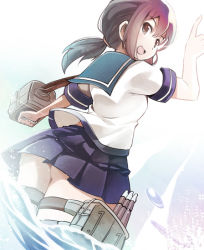 10s 1girl ass female_focus from_behind fubuki_(kancolle) kantai_collection kubocha looking_back no_panties open_mouth ponytail school_uniform serafuku simple_background skirt smile solo