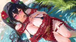 1girl bare_shoulders bikini black_bikini black_hair blush breasts cleavage commentary_request commission crossed_bangs flower from_above hair_between_eyes hair_flower hair_intakes hair_ornament hand_on_own_chest heart heart_o-ring large_breasts layered_bikini long_hair looking_at_viewer navel o-ring o-ring_thigh_strap open_mouth outdoors red_eyes red_flower red_tube_top sakurano_tsukasa sideways sitting skeb_commission solo strapless swimsuit thigh_strap thighs tube_top twintails water