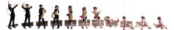 1boy 1girl absurdres black_hair black_pants blush breasts brown_eyes brown_hair cheerleader cleavage commentary embarrassed falling genderswap genderswap_(mtf) highres kazumi_susan long_image medium_breasts midriff navel open_mouth original panties pants pom_pom_(cheerleading) school_uniform sequential shoes side_ponytail sitting skirt thighhighs transformation transforming_clothes trembling turn_pale underwear white_panties white_thighhighs wide_image