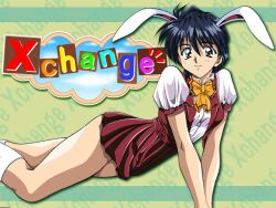 Rule 34 | 1girl, aihara takuya, all fours, black eyes, black hair, dress, english text, female focus, genderswap, genderswap (mtf), green background, looking at viewer, matching hair/eyes, miniskirt, official art, rabbit ears, red dress, school uniform, shiny skin, short hair, skirt, smile, solo, title screen, x-change