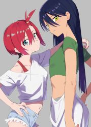 2girls aki_poi amate_yuzuriha bangs_pinned_back blue_eyes blue_hair blue_shorts commentary_request crop_top denim denim_shorts green_eyes green_shirt grey_background gundam gundam_gquuuuuux hair_between_eyes long_hair multiple_girls navel nyaan_(gundam_gquuuuuux) red_hair shirt short_sleeves shorts simple_background very_long_hair white_shirt