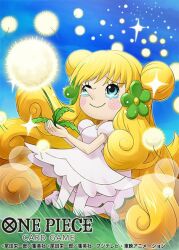 1girl blonde_hair blue_eyes blue_sky blunt_bangs commentary_request copyright_name double_bun dress eyelashes grass hair_bun long_hair looking_up mansherry official_art one_piece one_piece_card_game pointy_nose puffy_short_sleeves puffy_sleeves shinra0609 short_sleeves sky smile solo tears twintails very_long_hair white_dress